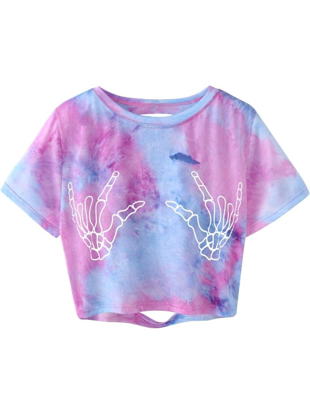 Women's Purple Blue Skull Finger Graphic Distressed Ripped Crop Tops Tee Shirt